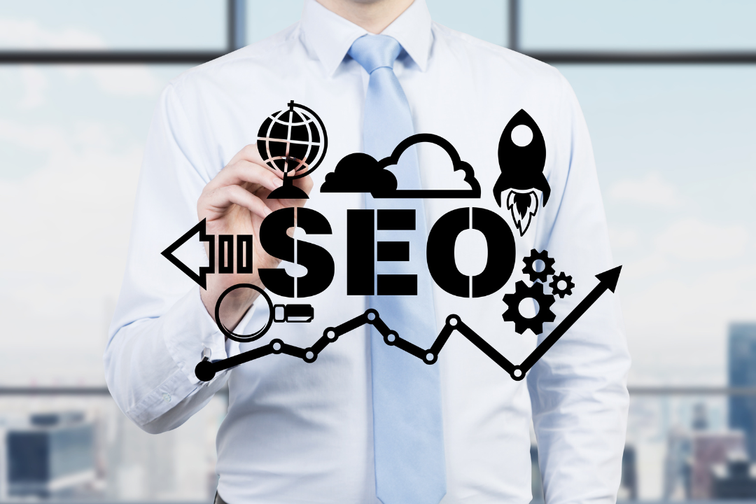 A softly blurred blue gradient background representing a digital SEO theme.